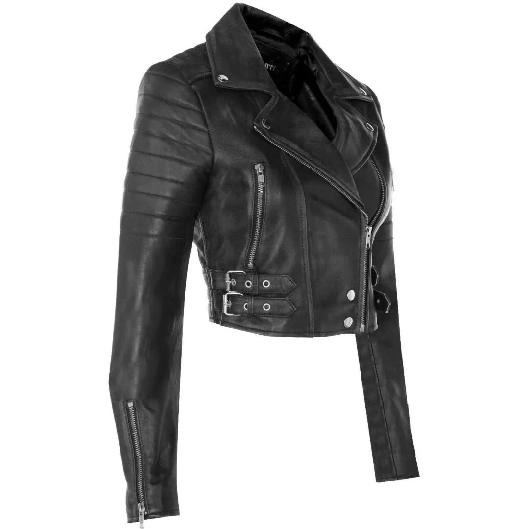 Women's Real Leather Short Cropped Length Biker Jacket sold by Tru Clothing product image thumbnail 4