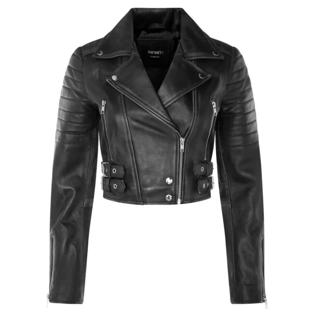 Women's Real Leather Short Cropped Length Biker Jacket sold by Tru Clothing