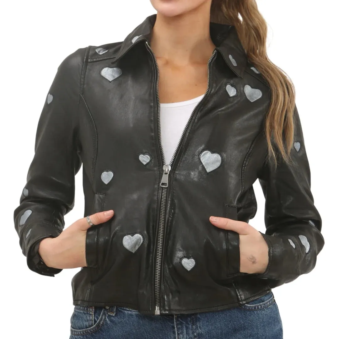 Women's Real Leather Shirt Collar Heart Print Jacket sold by Tru Clothing product image thumbnail 4