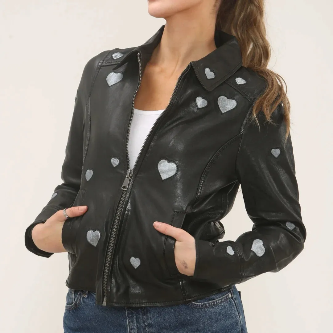 Women's Real Leather Shirt Collar Heart Print Jacket sold by Tru Clothing product image thumbnail 5
