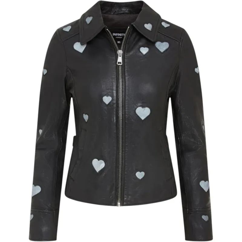 Women's Real Leather Shirt Collar Heart Print Jacket made by Tru Clothing