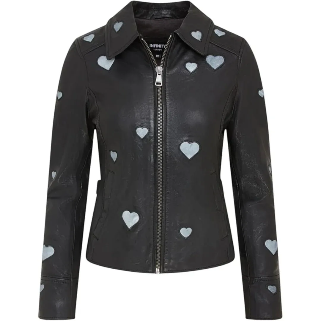 Women's Real Leather Shirt Collar Heart Print Jacket sold by Tru Clothing