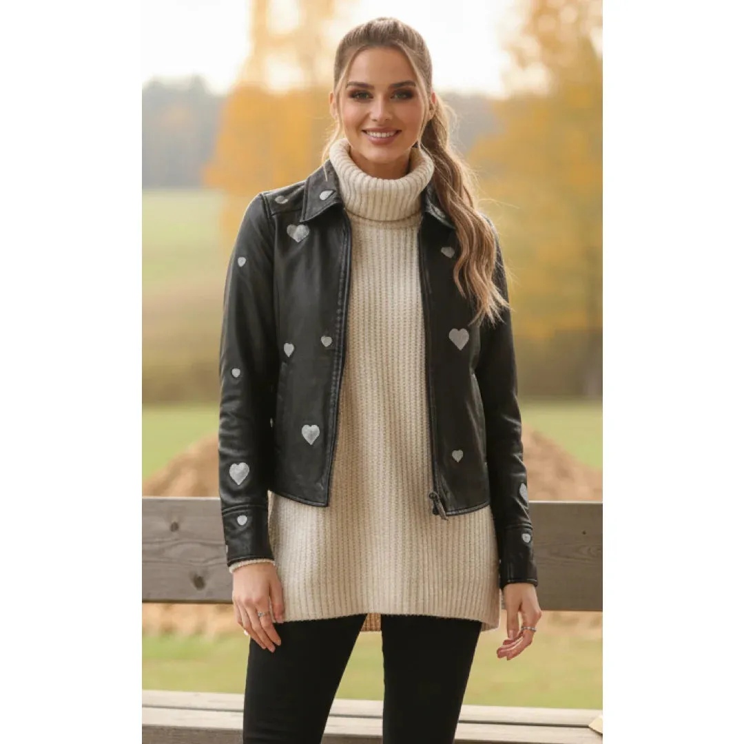 Women's Real Leather Shirt Collar Heart Print Jacket sold by Tru Clothing product image thumbnail 2