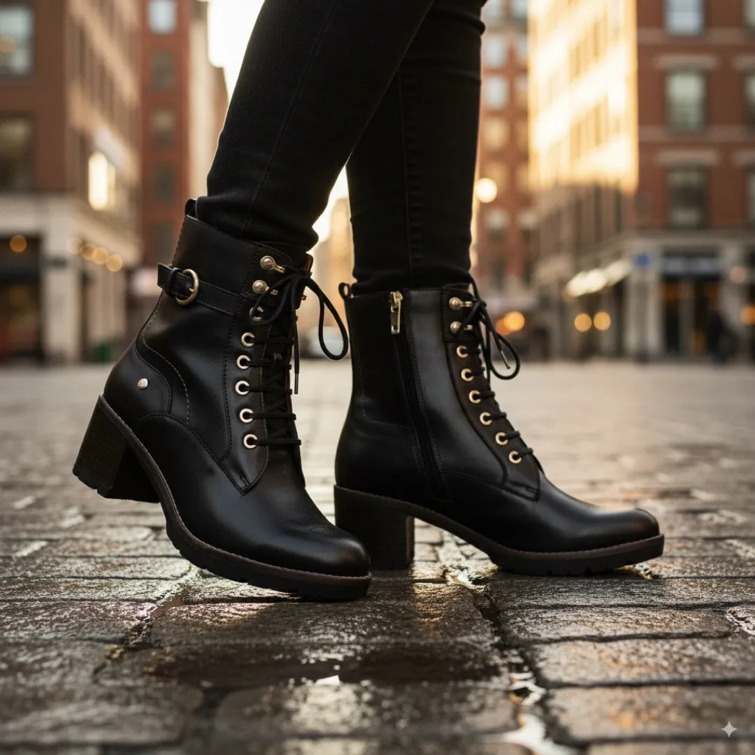 Llanes - Women’s Black Leather Mid-Heel Combat Ankle Boots sold by Tru Clothing product image thumbnail 3