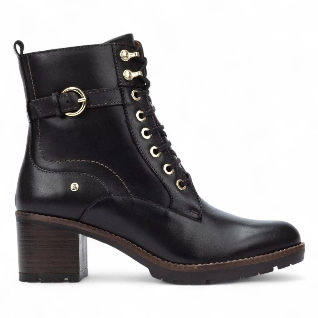 Llanes - Women’s Black Leather Mid-Heel Combat Ankle Boots sold by Tru Clothing