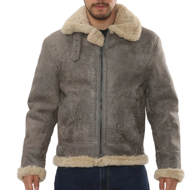 Men's Grey Shearling Leather B3 Aviator Bomber Jacket sold by Tru Clothing