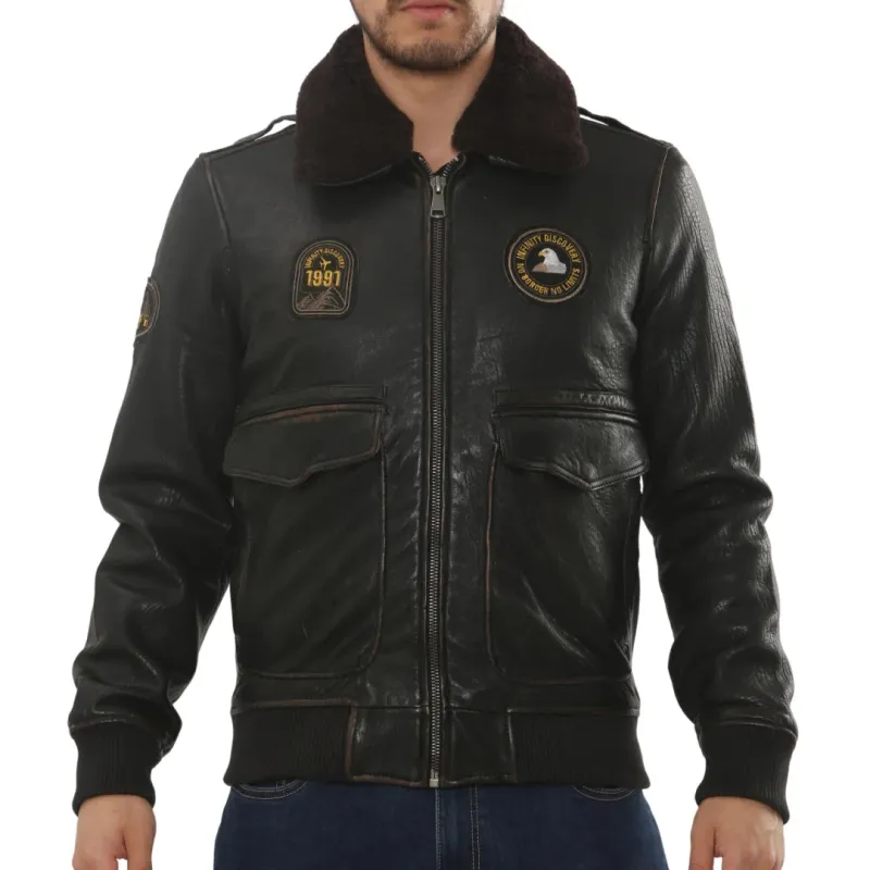 Men's Leather Bomber Jacket Fur Collar Aviator Coat sold by Tru Clothing