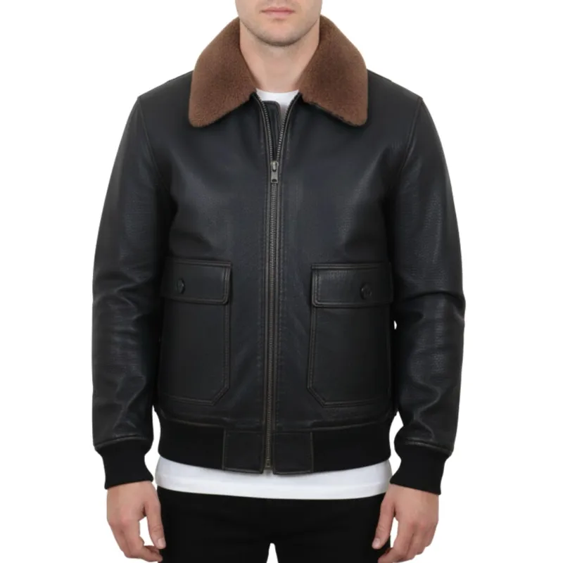 Men's Black Leather Bomber Aviator Jacket sold by Tru Clothing