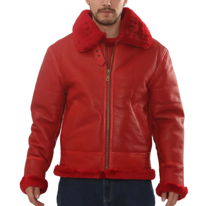 Men's Red Shearling B3 Bomber Leather Jacket sold by Tru Clothing