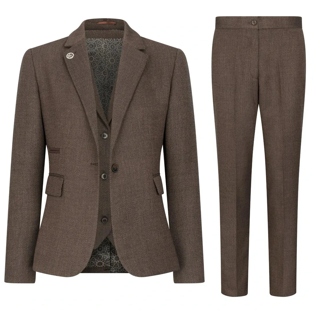 TPW-AK-06 - Women's Brown 3 Piece Herringbone Tweed Suit sold by Tru Clothing