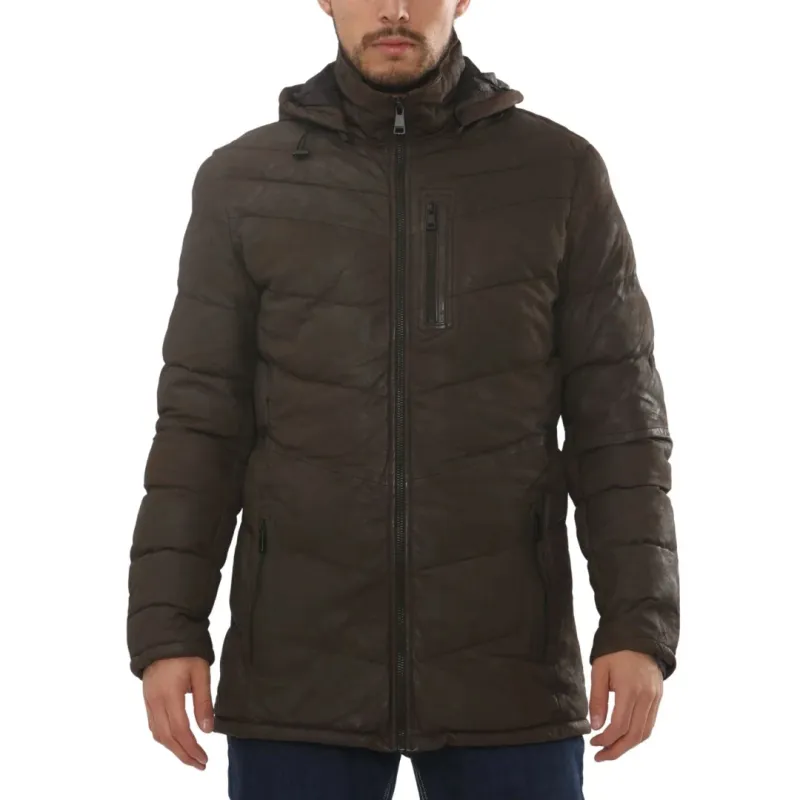 Men's Leather Puffer Jacket Hooded Quilted Winter Coat sold by Tru Clothing