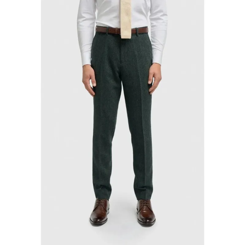 Thomas - Men's Olive Wool Blend Herringbone Tweed Trousers sold by Tru Clothing