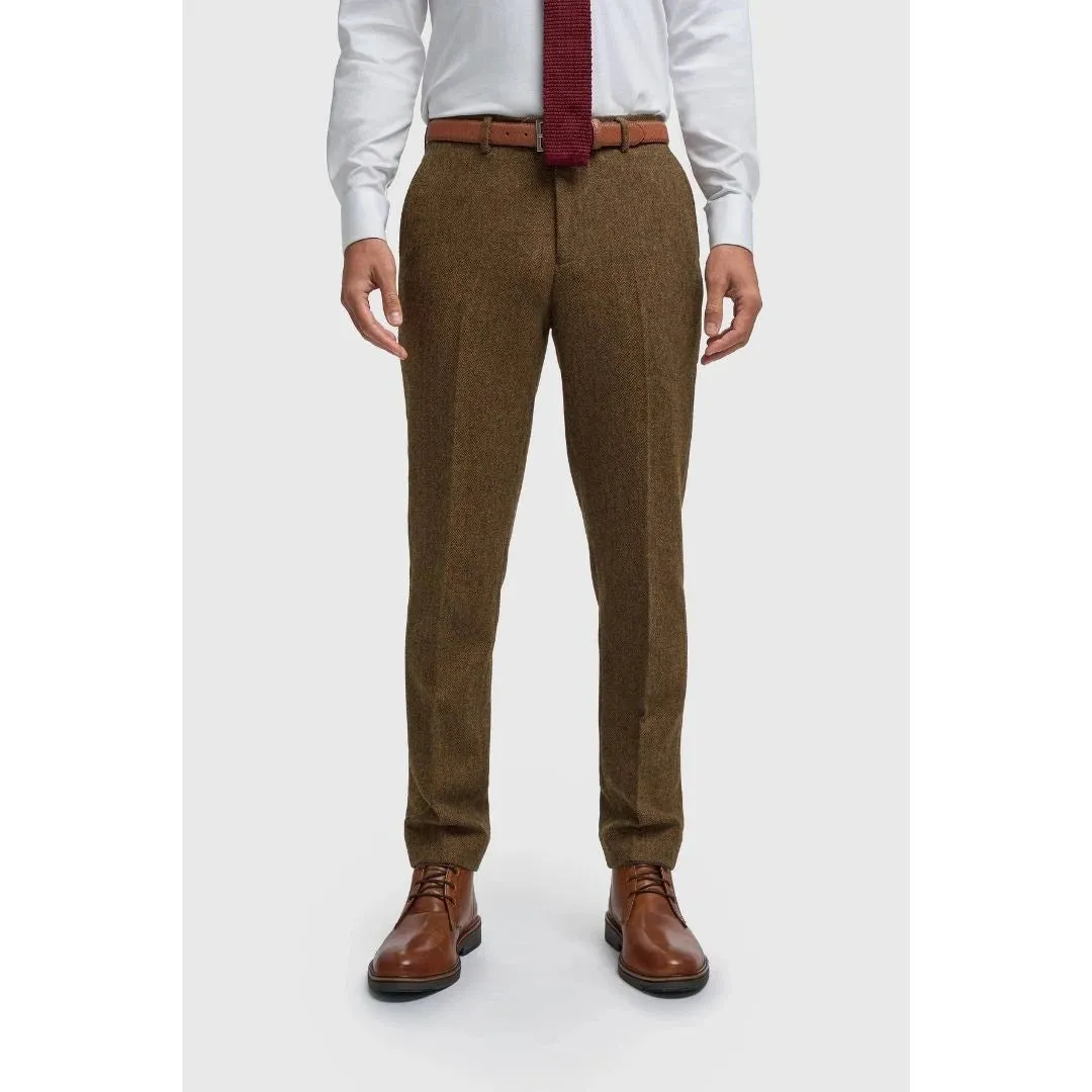 Thomas - Men's Brown Wool Blend Herringbone Tweed Trousers sold by Tru Clothing