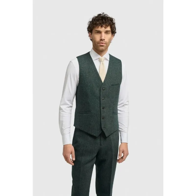 Thomas - Men's Olive Wool Blend Herringbone Tweed Waistcoat sold by Tru Clothing
