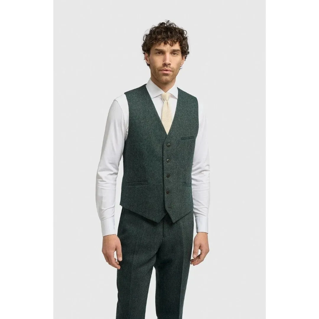 Thomas - Men's Olive Wool Blend Herringbone Tweed Waistcoat sold by Tru Clothing