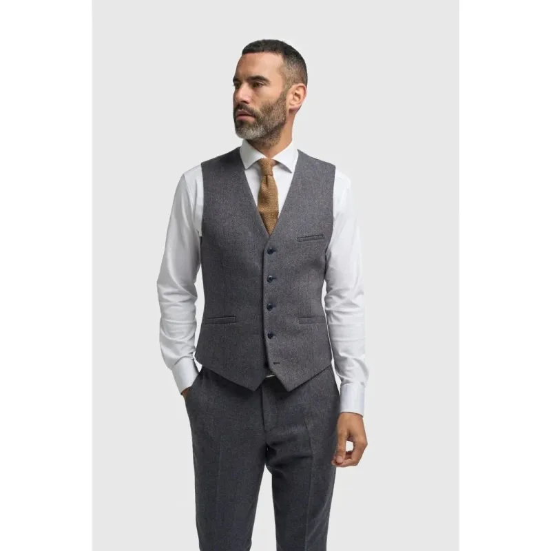 Thomas - Men's Navy Wool Blend Herringbone Tweed Waistcoat sold by Tru Clothing