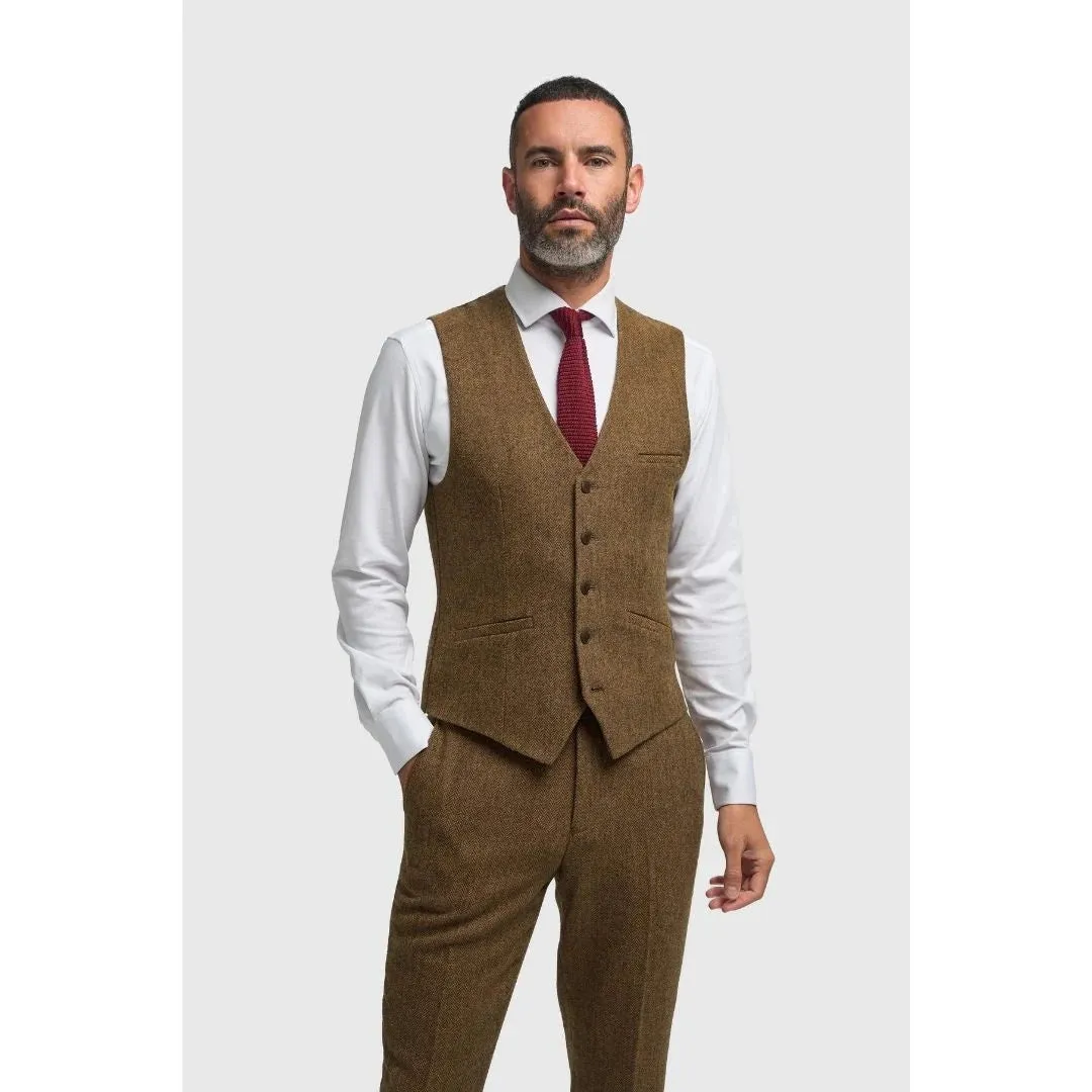 Thomas - Men's Brown Wool Blend Herringbone Tweed Waistcoat sold by Tru Clothing