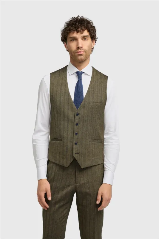 Damon - Men's Olive Green Tweed Herringbone Waistcoat sold by Tru Clothing