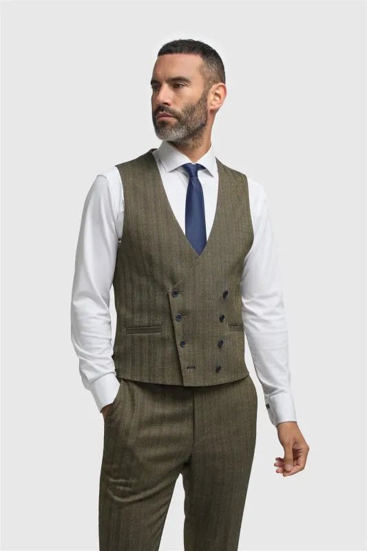 Damon - Men's Olive Green Double Breasted Waistcoat sold by Tru Clothing