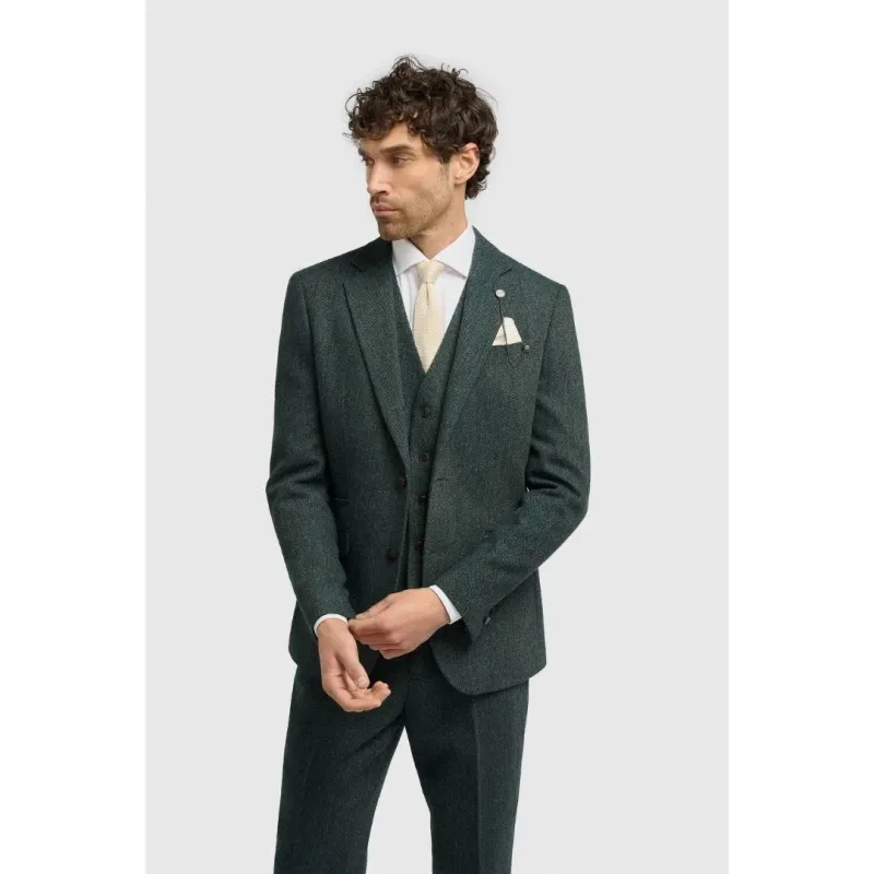 Thomas - Men's Olive Green Classic Herringbone Tweed Blazer sold by Tru Clothing