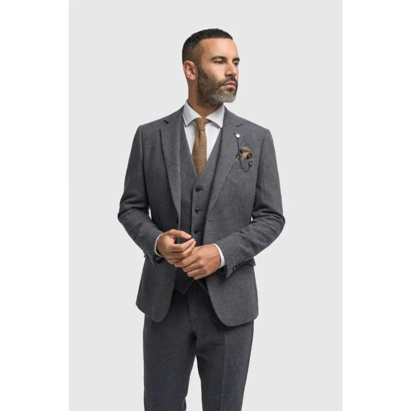 Thomas - Men’s Navy 3 Piece Wool Blend Tweed Suit sold by Tru Clothing