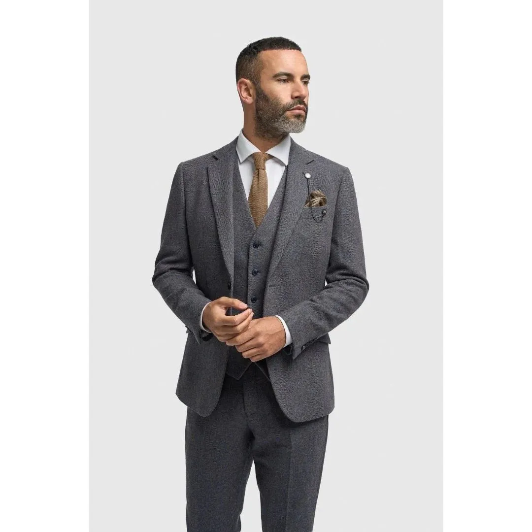 Thomas - Men’s Navy 3 Piece Wool Blend Tweed Suit sold by Tru Clothing