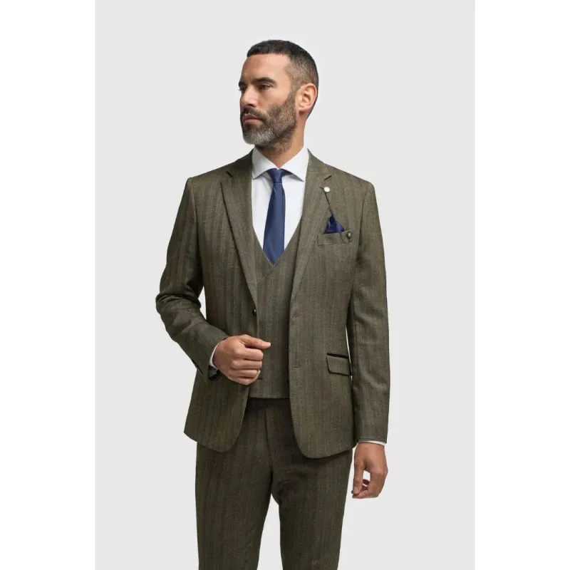 Damon - Men's Olive Green 3 Piece Herringbone Tweed Suit sold by Tru Clothing