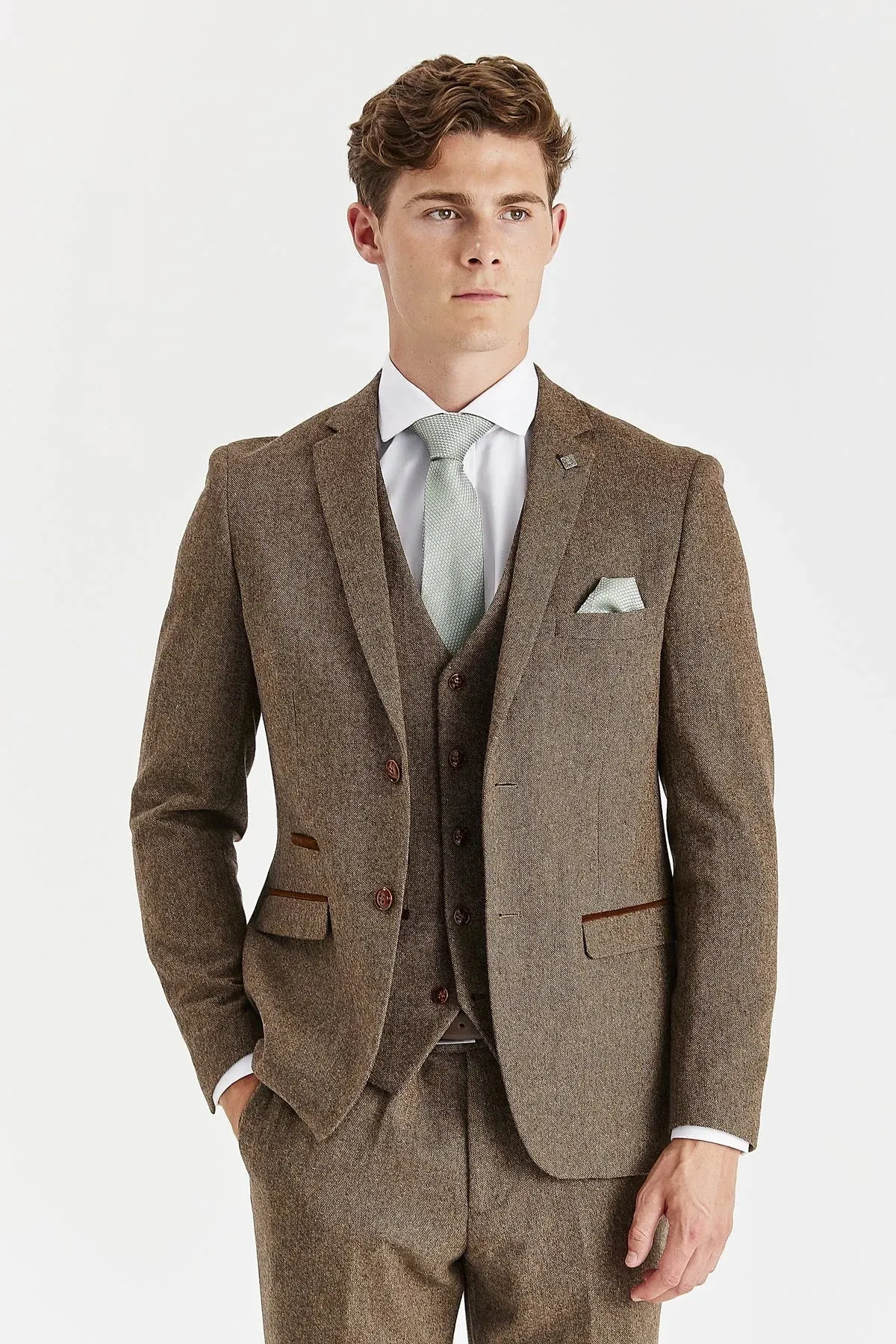 Oscar - Men's 3 Piece Brown Wool Blend Tweed Suit sold by Tru Clothing