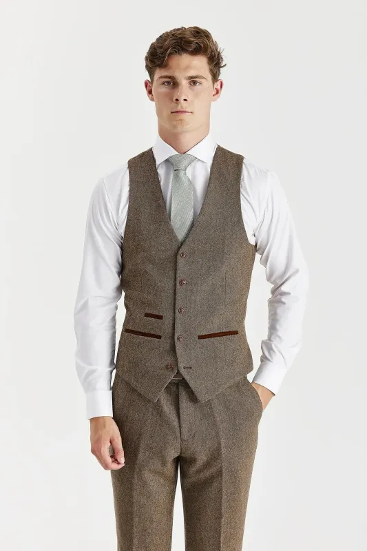 Oscar - Men's Brown Wool Blend Tweed Waistcoat sold by Tru Clothing