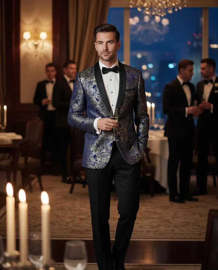 STZ63 - Mens Velvet Paisley Floral Blue Gold Tuxedo Blazer sold by Tru Clothing product image thumbnail 4