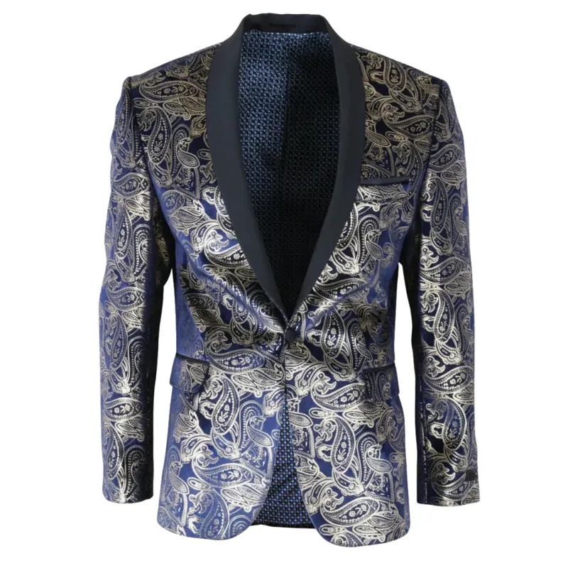 STZ63 - Mens Velvet Paisley Floral Blue Gold Tuxedo Blazer sold by Tru Clothing