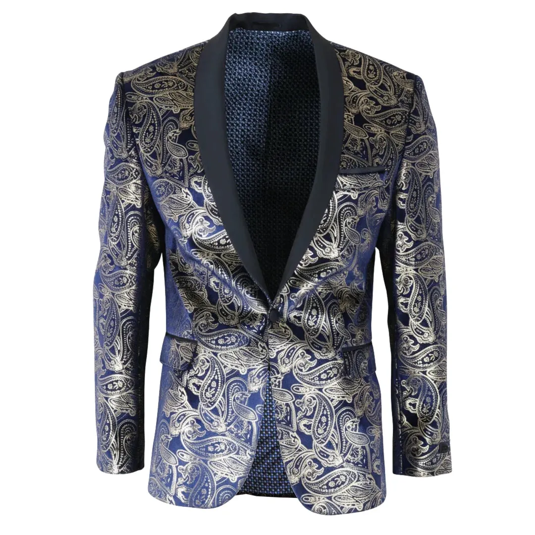 STZ63 - Mens Velvet Paisley Floral Blue Gold Tuxedo Blazer sold by Tru Clothing