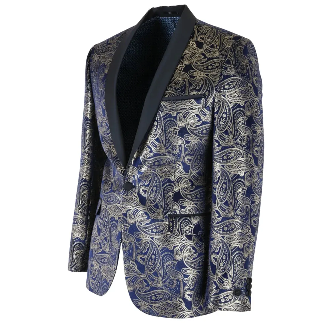 STZ63 - Mens Velvet Paisley Floral Blue Gold Tuxedo Blazer sold by Tru Clothing product image thumbnail 5