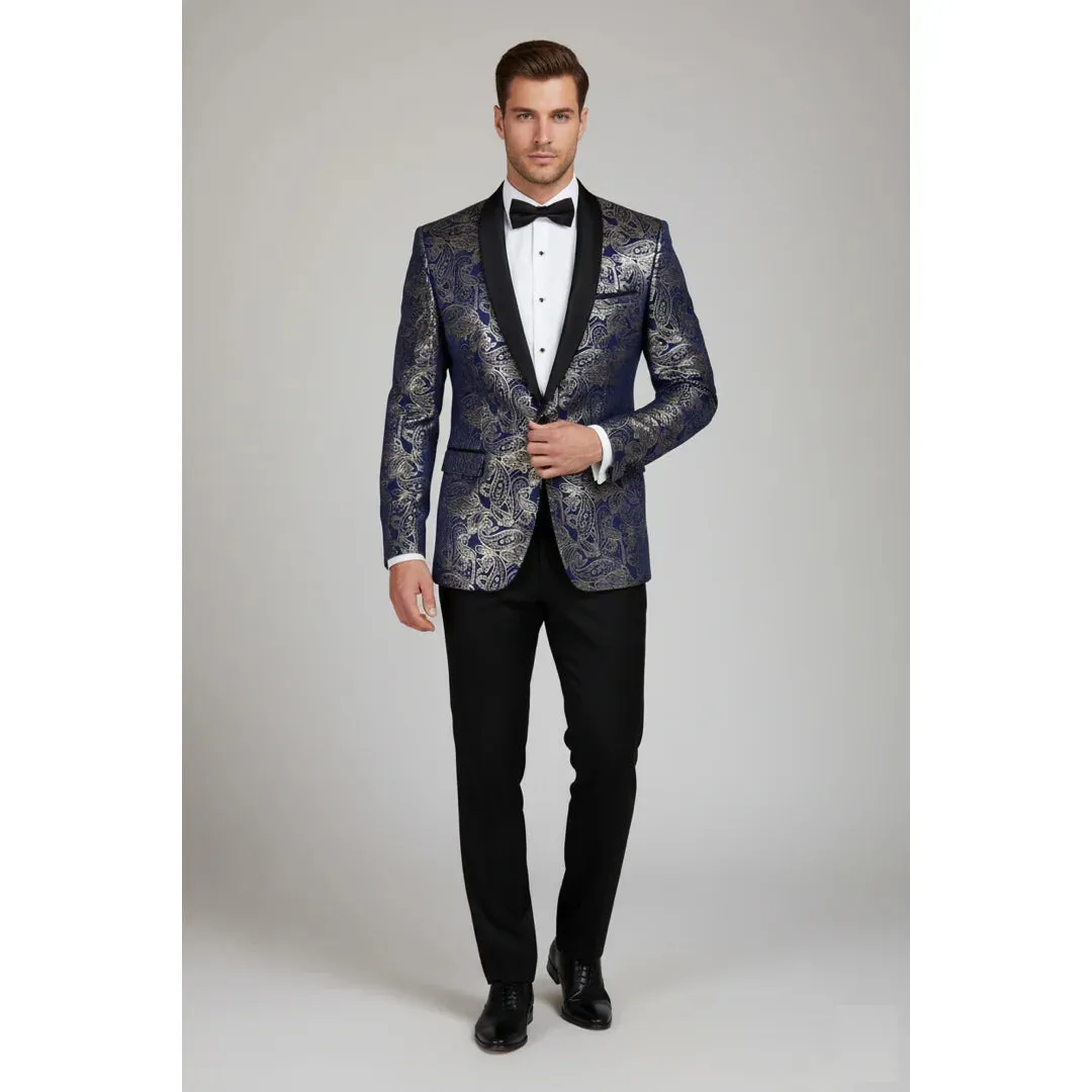 STZ63 - Mens Velvet Paisley Floral Blue Gold Tuxedo Blazer sold by Tru Clothing product image thumbnail 2