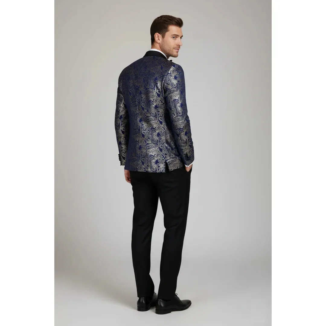 STZ63 - Mens Velvet Paisley Floral Blue Gold Tuxedo Blazer sold by Tru Clothing product image thumbnail 3
