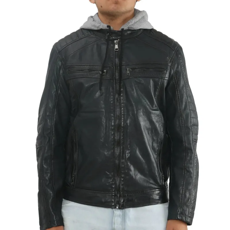 Men's Hooded Biker Lamb Leather Jacket sold by Tru Clothing