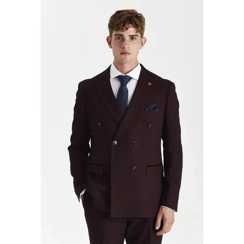 Regent - Men's Brugundy Checked Double Breasted Blazer sold by Tru Clothing