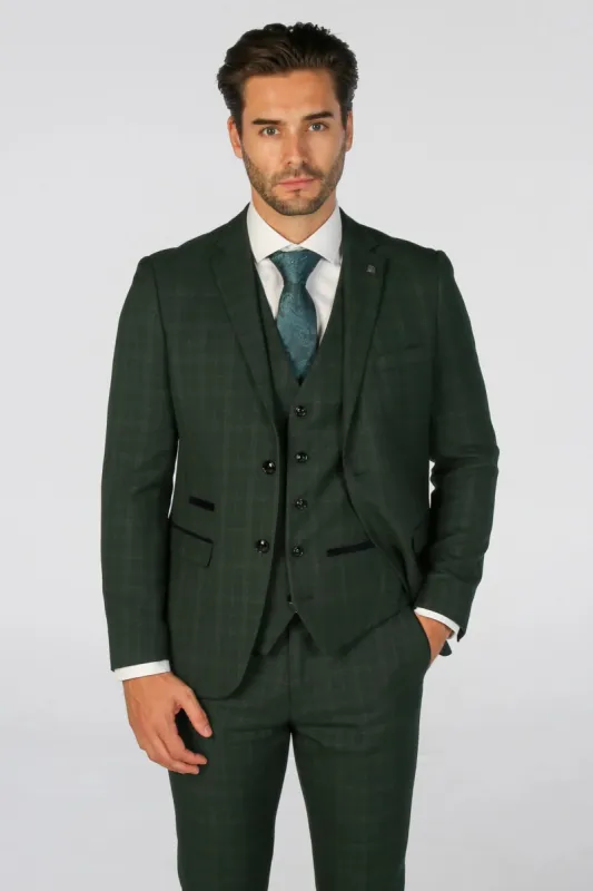 Leo - Men's Green 3 Piece Checked Tailored Fit Suit sold by Tru Clothing
