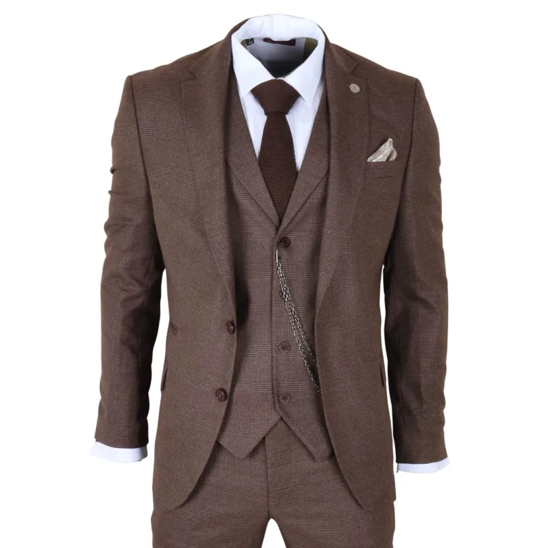 TP-50 - Men's Brown 3 Piece Prince Of Wales Check Suit sold by Tru Clothing
