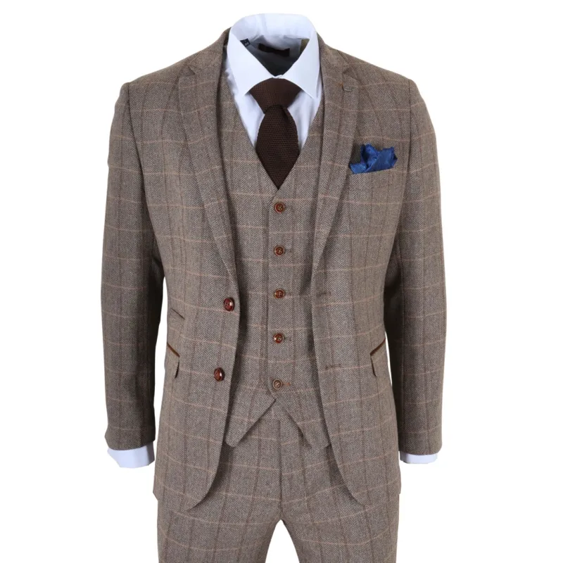 Harris - Men's Brown 3 Piece Herringbone Check Tweed Suit sold by Tru Clothing