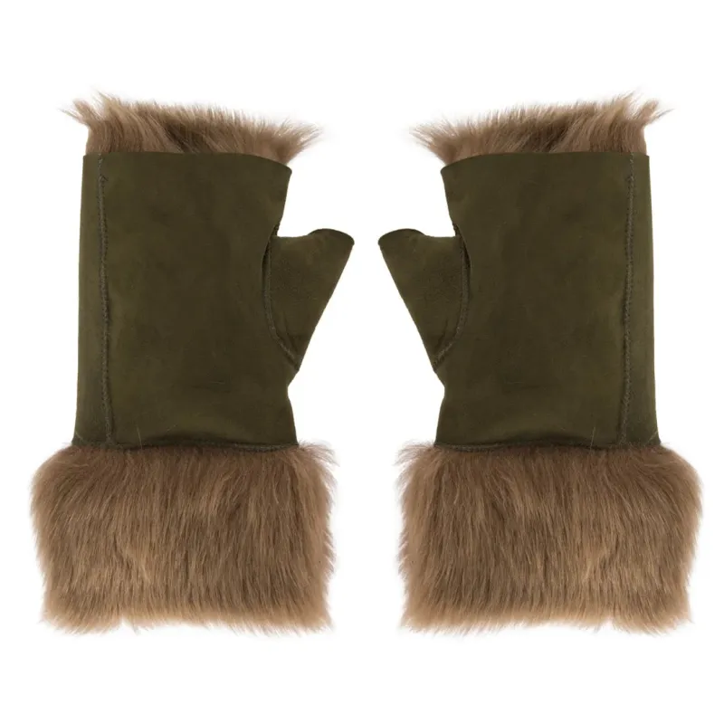 Women’s Suede Leather Shearling Lined Fingerless Gloves sold by Tru Clothing