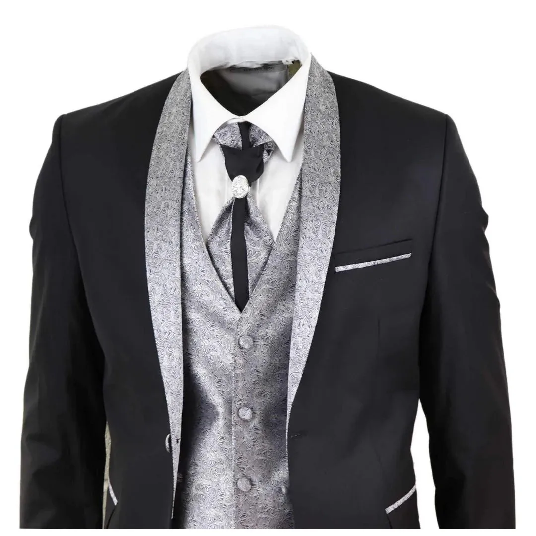 Sal-Yaica - Men's 4 Piece Wedding Suit Groom Shawl Collar Black Silver Cravat sold by Tru Clothing product image thumbnail 3