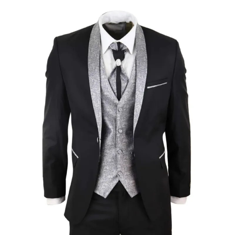 Sal-Yaica - Men's 4 Piece Wedding Suit Groom Shawl Collar Black Silver Cravat sold by Tru Clothing