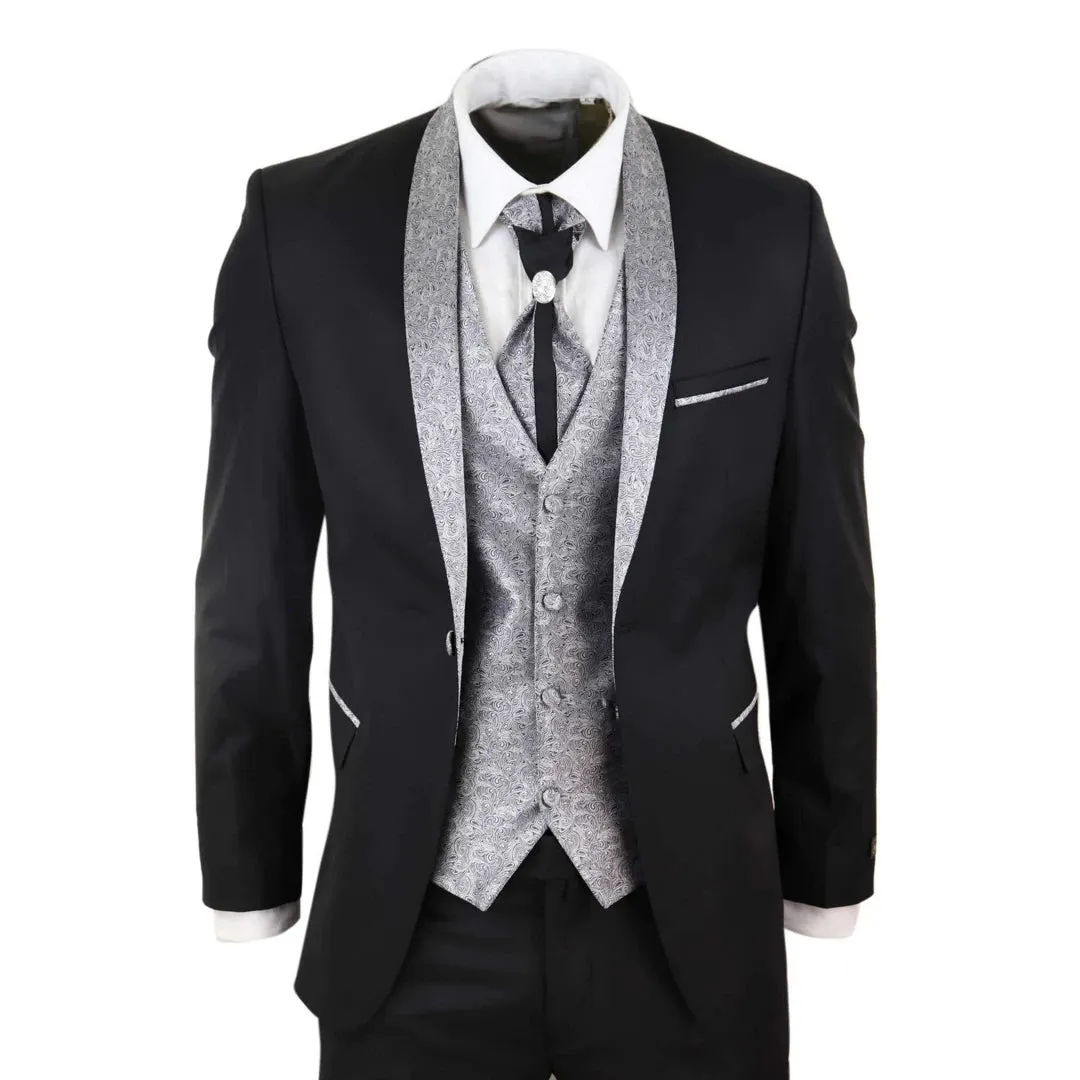 Sal-Yaica - Men's 4 Piece Wedding Suit Groom Shawl Collar Black Silver Cravat sold by Tru Clothing