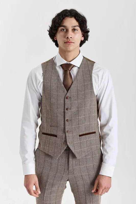 Harris - Men's Brown Tweed Herringbone Check Waistcoat made by Paul Andrew