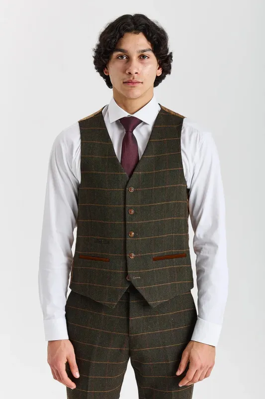Harris - Men's Green Tweed Herringbone Check Waistcoat sold by Tru Clothing