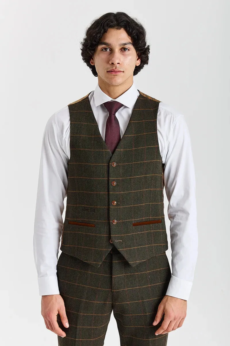Harris - Men's Green Tweed Herringbone Check Waistcoat sold by Tru Clothing
