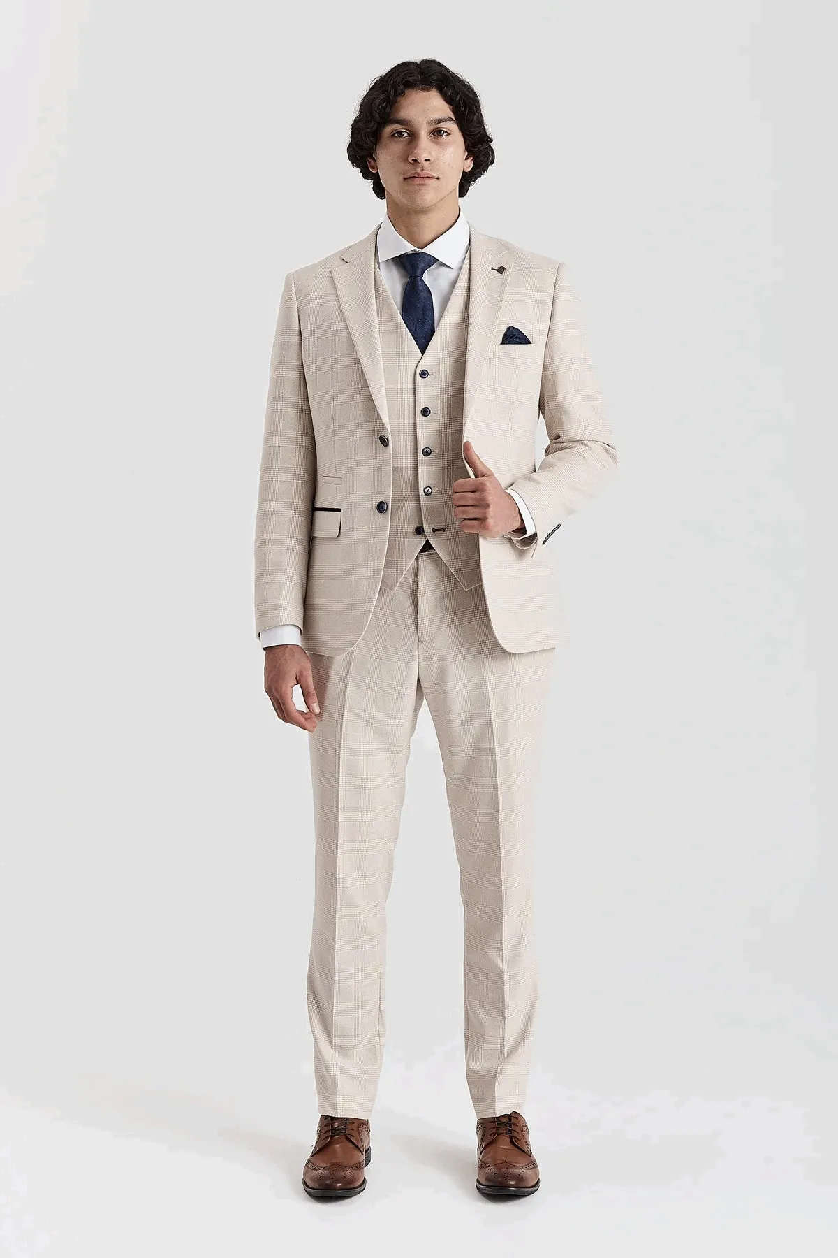 Regent - Men's Cream 3 Piece Checked Tailored Fit Suit sold by Tru Clothing product image thumbnail 2