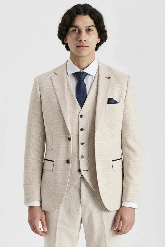 Regent - Men's Cream 3 Piece Checked Tailored Fit Suit sold by Tru Clothing