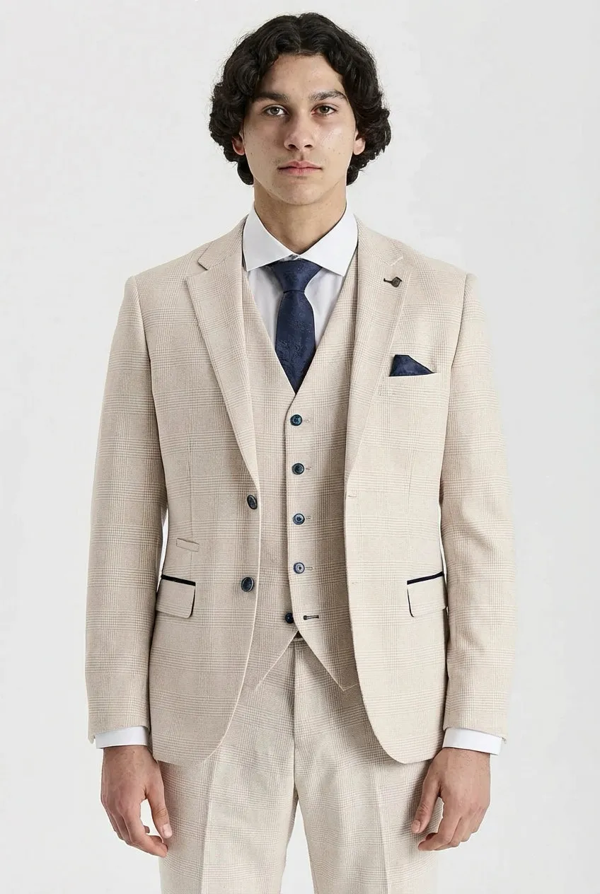 Regent - Men's Cream 3 Piece Checked Tailored Fit Suit sold by Tru Clothing